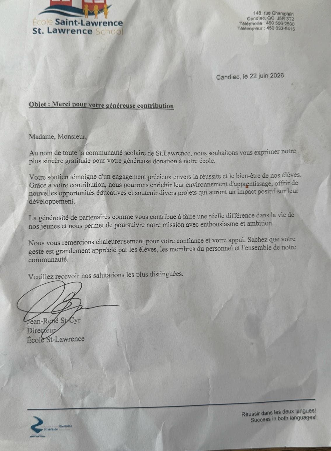 Lettre de remerciement de l’École Saint-Lawrence, Candiac (Québec)